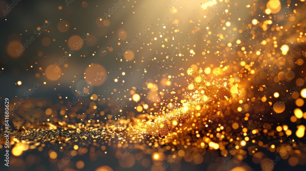 Poster gold explosion amidst a swirling vortex of glowing particles, creating a mesmerizing spectacle against a clean gray background.