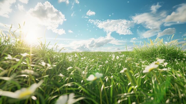 A field of green grass and white flowers in Lipik, Croatia, is bathed in sunshine and gentle breezes, creating a vibrant and captivating springtime scene.