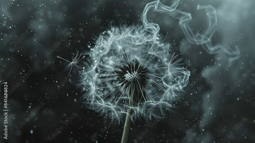 Poster a mesmerizing slow-motion capture of dust particles swirling around a dandelion seed, showcasing the