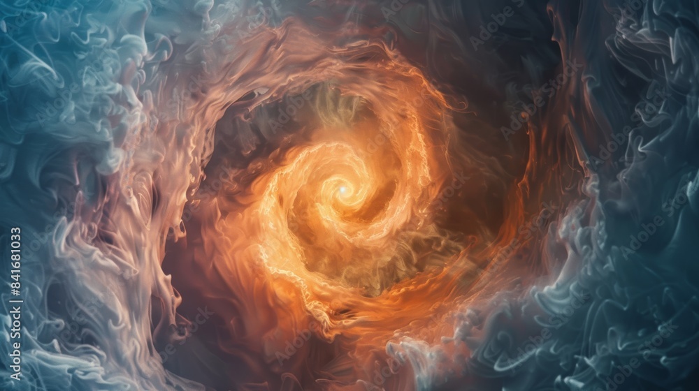 Poster a mesmerizing vortex of ethereal smoke swirling upwards, illuminated by a soft, celestial glow.