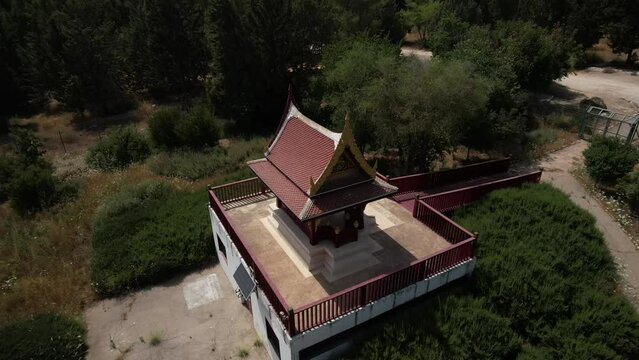Aerial Panning Shot Of Famous Buddhist Temple , Ben Shemen Forest, Israel