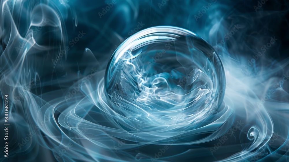 Poster a mesmerizing vortex of ethereal smoke swirling within a glass orb, glowing with an otherworldly lig