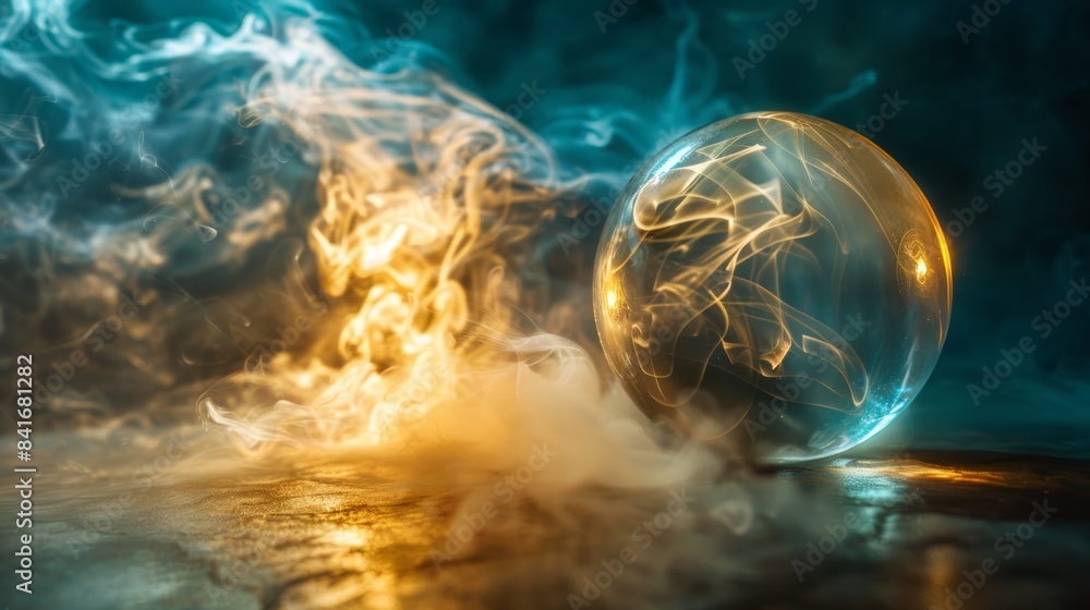 Poster a mesmerizing vortex of ethereal smoke swirling within a glass orb, glowing with an otherworldly lig