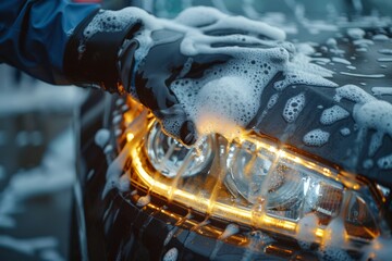 Car Wash Worker Cleaning Headlights with Soapy Sponge - Attention to Detail in Auto Maintenance