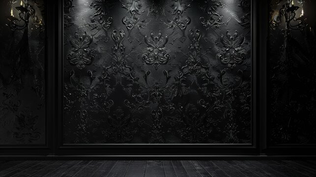Luxurious dark room with a black patterned wall. Black background, dark and mysterious