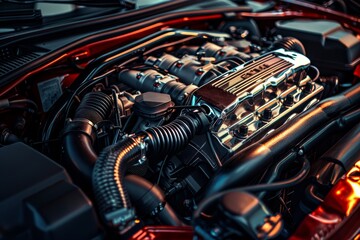 Fototapeta premium Detailed View of High-Performance Car Engine Bay with Modifications and Upgrades - Perfect for Mechanics or Car Enthusiasts
