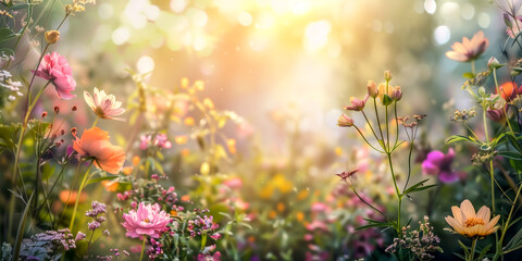 Beautiful garden with colorful flowers in soft sunlight