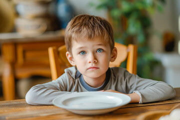 Young boy kid in front of an empty plate , starvation and undernutrition concept image for topic related to child nutritional deficiencies