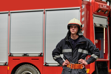 Firefighter Stands Proudly with Professional Gear Beside Fire Truck After Intense Training