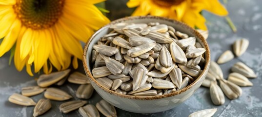 Sunflower seeds and vibrant sunflower blossom elegantly arranged on a wooden table