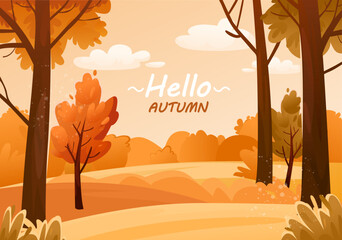 Cartoon autumn background vector illustration. Natural fall landscape with trees and hills. Park or forest in harvest season. Flat autumnal outdoor art for camping, traveling. Fall september banner