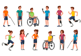 Inclusive People characters cartoon vector illustration. Young people with different types of physical disability. World Disabled day concept. Flat style people in wheelchair, blind with prosthesis.