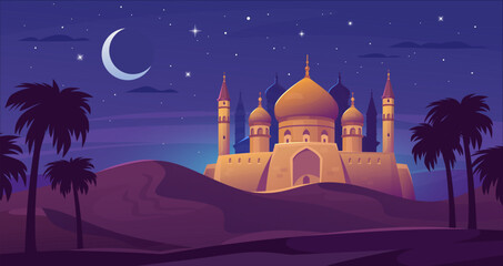 Cartoon Muslim mosque. Islamic background with a mosque at night in the desert. Eid Mubarak greeting card. Flat style Ramadan Kareem vector illustration. Arabian night scenery.