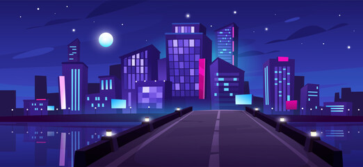 Night city cartoon vector illustration. Urban landscape with skyscraper silhouettes near the quay at night. Glowing futuristic city downtown with city road, bridge over water, full moon, starry sky.