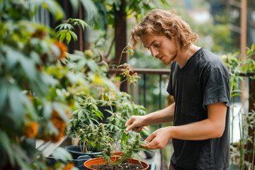 Young man caring for cannabis plant on his balcony