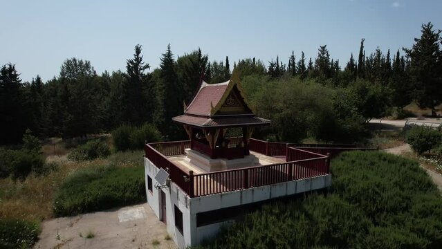 Aerial Panning Shot Of Famous Buddhist Temple , Ben Shemen Forest, Israel