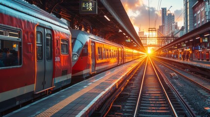 Obraz premium Train station platform bustling with passengers boarding and disembarking, capturing the rhythm of travel.