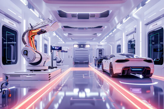 Futuristic Automated Car Service Workshop with Robotic Arms and High-Tech Diagnostic Systems