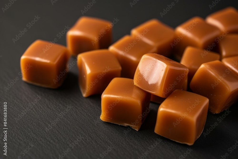 Sticker Detailed view of chewy caramel cubes scattered on a sleek black surface, highlighting texture and shine