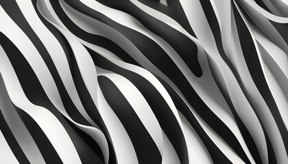 Zebra skin background. Abstract 3D black stripes on white backround with waves texture.