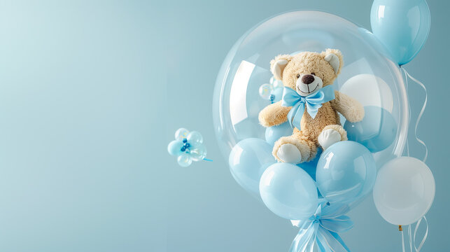 A teddy bear with a bow tie inside a clear balloon surrounded by blue balloons on light blue background, perfect for a surprise gift