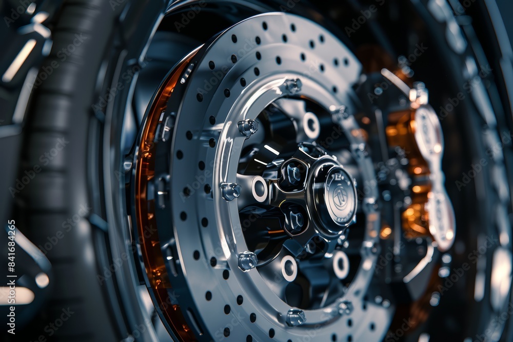Poster close-up of precision engineering in a high-resolution image of a car's brake caliper and rotor