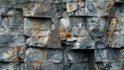 Texture, background layers and cracks in sedimentary rock on cliff face. Cliff of rock mountain. Rock slate in the mountain. Seamless abstract background. Cracks
