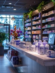 Drugstore Prescription Counter with Sleek Design and Filled Shelves
