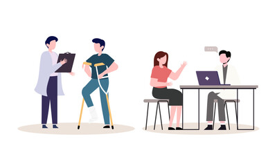 Scenes with doctors and patients illustration. Medical diagnostics, consultations, treatment