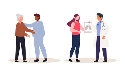 Scenes with doctors and patients illustration. Medical diagnostics, consultations, treatment