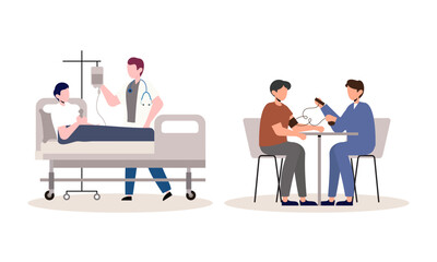 Scenes with doctors and patients illustration. Medical diagnostics, consultations, treatment