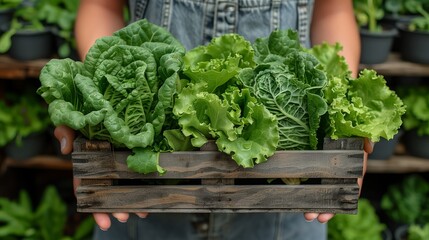 Farmer holding organic produce in wooden box on his farm