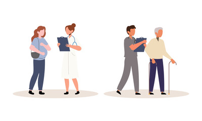 Scenes with doctors and patients illustration. Medical diagnostics, consultations, treatment