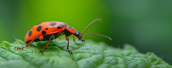 Close-up of an orange and black beetle on a green leaf, highlighting its distinctive spots and natural habitat with vivid detail.
