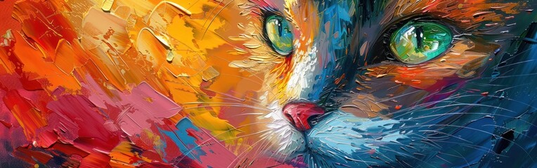 Colorful Abstract Animal Portrait: Colorful Cat Head Art in Oil & Acrylic Painting Illustration with Palette Knife on Canvas