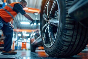 Fototapeta premium Mechanic Changing a Car Tire Using Professional Tools in a Modern and Clean Garage Workshop