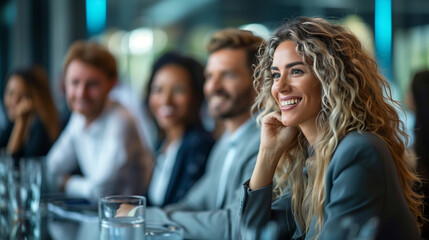 Smiling business professionals engaged in a meeting, highlighting positive corporate culture and teamwork. Perfect for illustrating business collaboration, motivation, and productive work environments