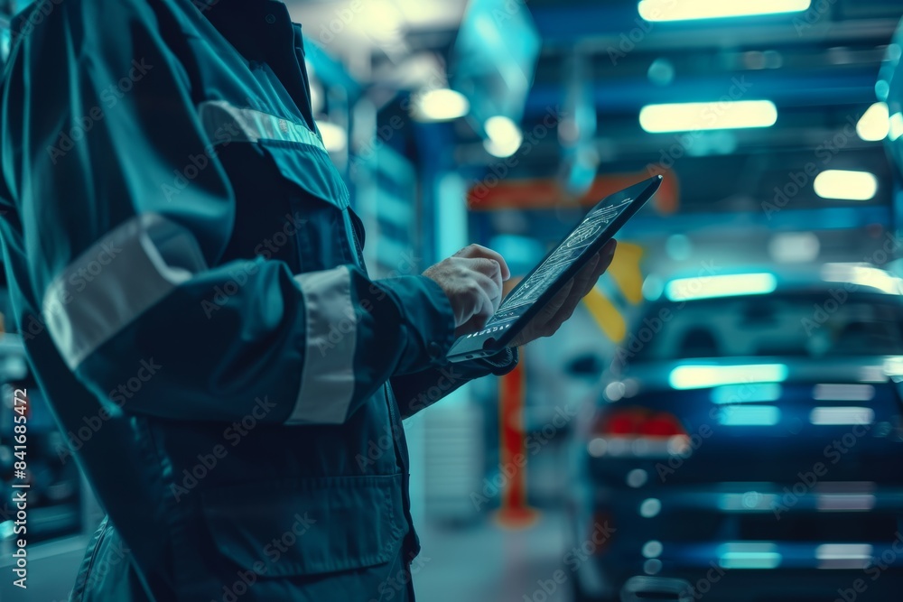Poster mechanic conducting car diagnostics using tablet in high-tech garage for efficient auto repair