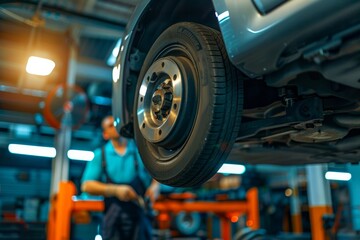 Fototapeta premium Mechanic Inspecting Brake Pads and Rotors on Car Lift in Modern Clean Garage Setting