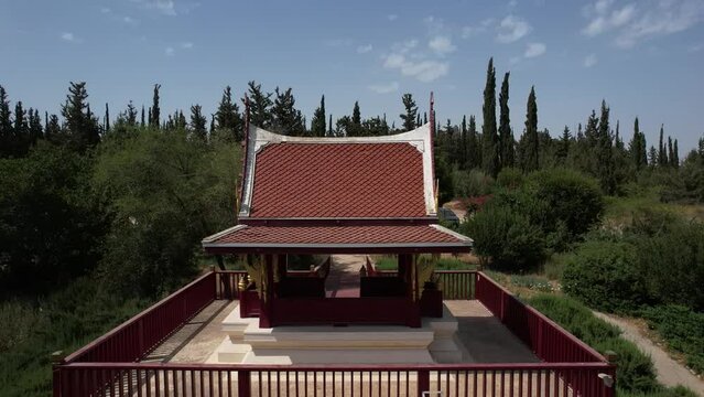 Aerial Panning Shot Of Famous Buddhist Temple , Ben Shemen Forest, Israel