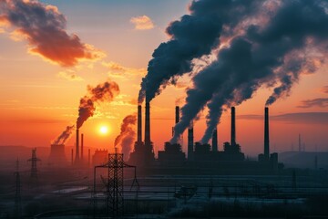 Fiery industrial sunset with smokestacks emitting toxic emissions and impacting air quality, raising concerns about the ecological and environmental crisis