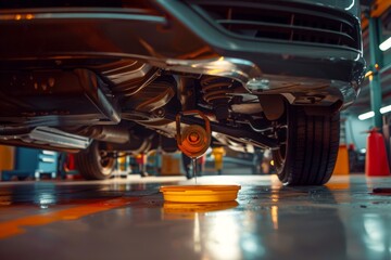 Fototapeta premium Mechanic Performing Oil Change in Garage Workshop - Automotive Maintenance Process and Tools