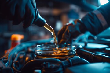 Mechanic Pouring Fresh Oil into Car Engine Using Funnel for Precision Maintenance