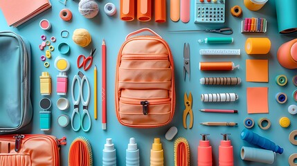 A top view of a backpack with craft materials like scissors, glue, colored paper, and stickers, arranged in a circular pattern with clear copy space in the middle.