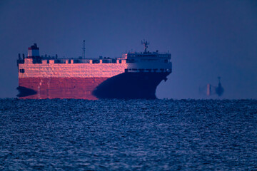 Fototapeta premium 昇ったばかりの太陽から朝日を浴びる沖合の自動車運搬船20240604-1
