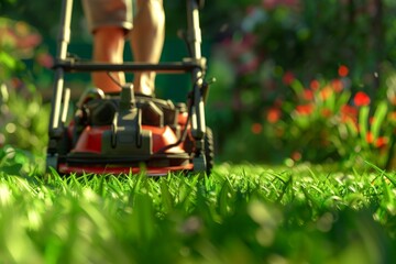 Fototapeta premium With each sweep of the mower captured in close-up, the man brings order to the chaos of the lawn, sculpting the vegetation into a harmonious tapestry