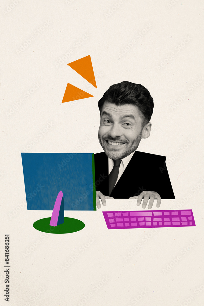 Poster creative abstract template collage of happy funny man working office computer remotely fantasy billb