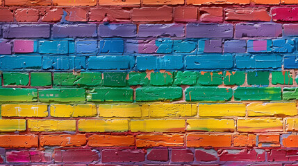 Fototapeta premium Vibrant Rainbow-Colored Brick Wall with Weathered Texture