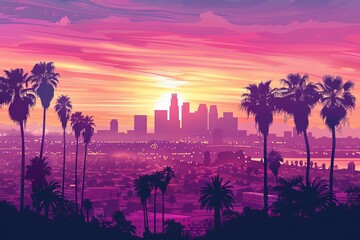 In the foreground, palm trees are seen in front of the Los Angeles skyline