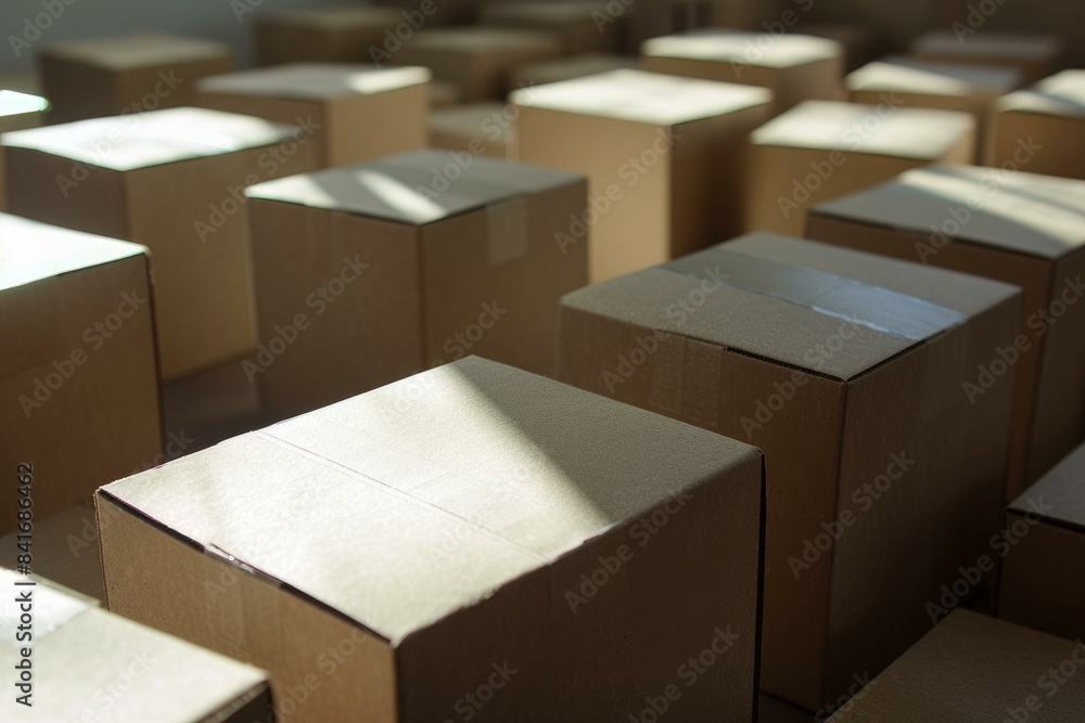 Poster sunlit warehouse with stacks of cardboard boxes creating shadows and highlights